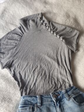 Moda International Light Gray Short Sleeve Mock Neck Top with Button Accents